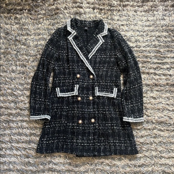 Greathe Women's Black Tweed Double-Breasted Blazer Dress with White Trim, Size S - Picture 2 of 10